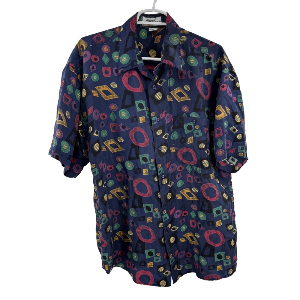 Impact unisex Men's Casual Button up 100% silk geometric short sleeve vintage 90